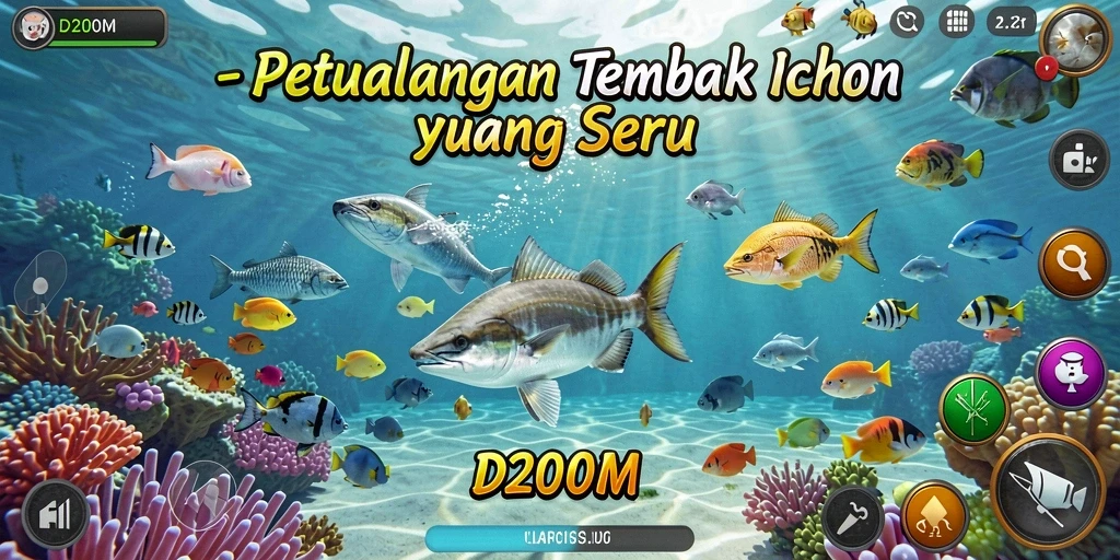 Tampilan gameplay D200M dengan aksi menembak ikan yang seru.