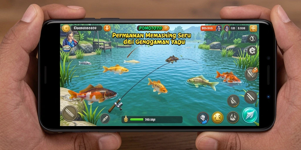 Gameplay menarik di FOMOTOTO dengan berbagai jenis ikan dan pemandangan indah.