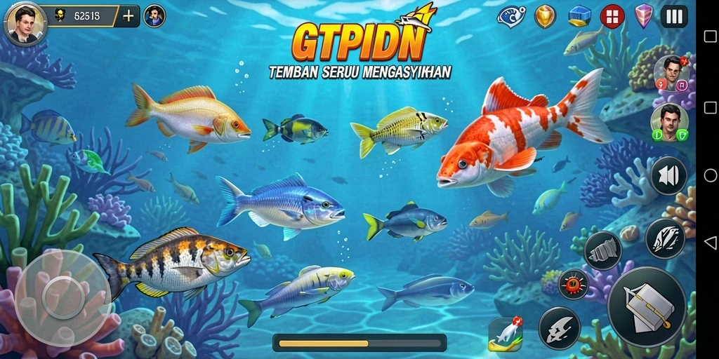 Tampilan gameplay GTPIDN dengan aksi menembak ikan yang seru.