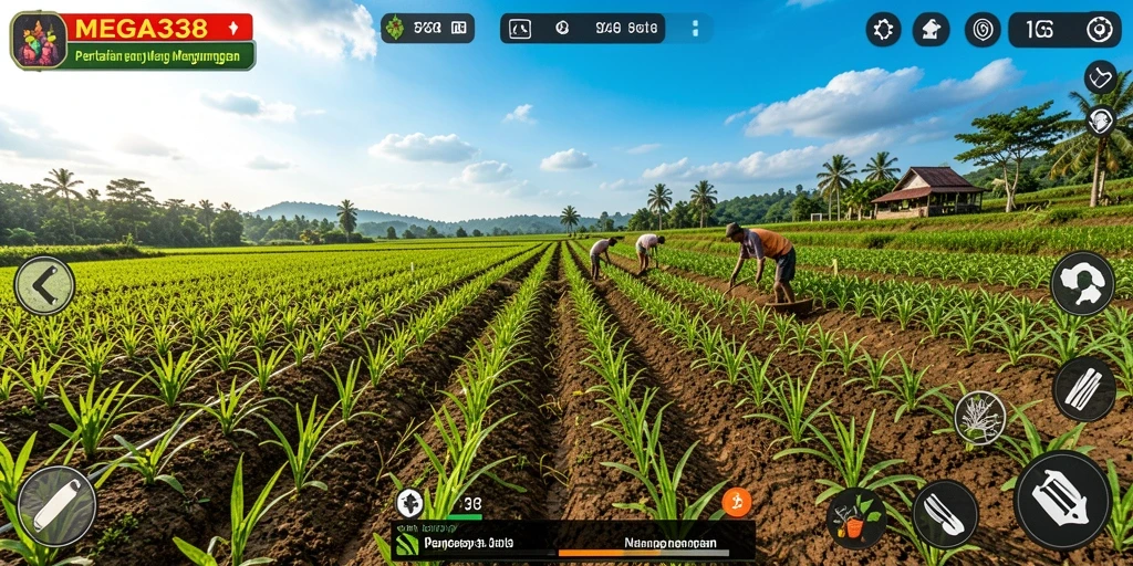Tampilan gameplay <strong>MEGA338</strong> dengan ladang hijau dan hewan lucu.