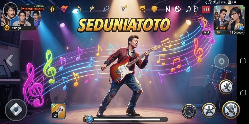 Tampilan gameplay interaktif dalam SEDUNIATOTO dengan alunan musik.