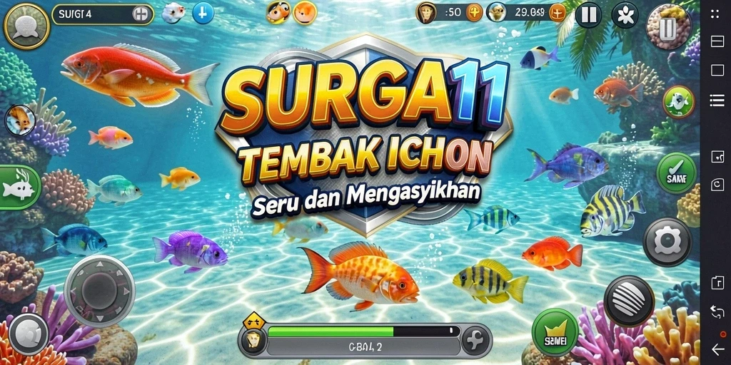 Gameplay SURGA11 dengan grafis menawan dan ikan beragam.